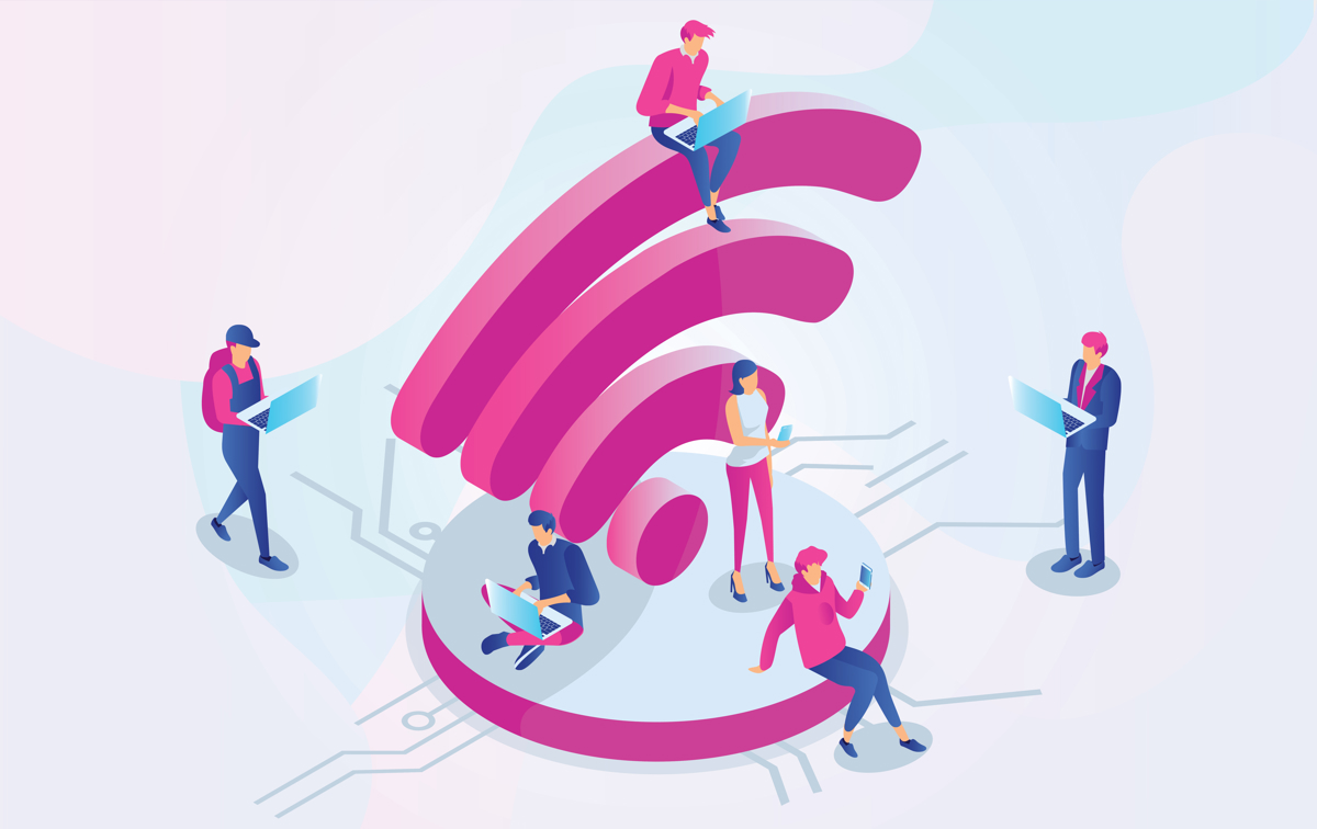 An illustration of the Wi-Fi symbol with people using various devices around it to represent WLAN networking.